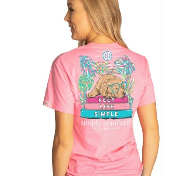 Simply Southern Womens T-Shirt Tee Pink Keep Life Simple Dog Logo Graphic S - Picture 1 of 5